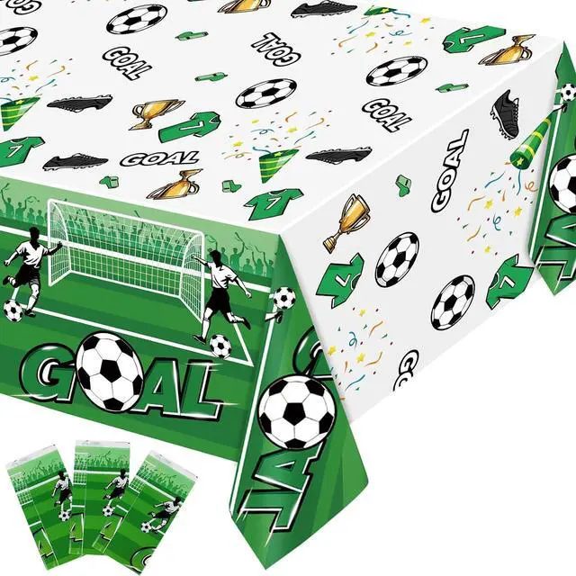 Main image of 3 Pack Soccer Party Table Cloths, 108 x 54 Inch, Green | Soccer birthday party decorations, game day table covers, team celebration supplies, disposable plastic tablecloths