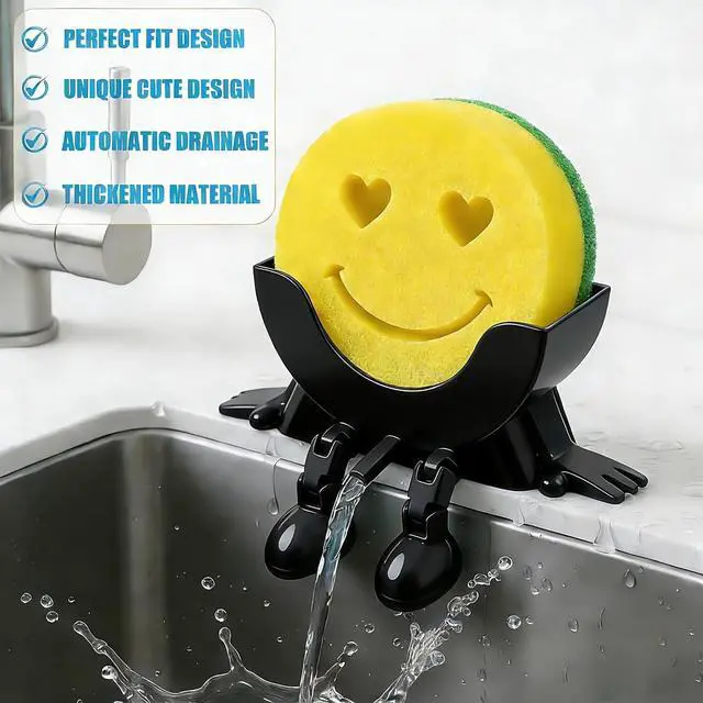 Alt view image 4 of 7 - Cute Hanging Sponge Holder with Drainage,3D Printed Kitchen Funny Sponge Stand for Sink,with non-slip pads,Suitable for Scrub Daddy Holder,Keeps Your Sponge Dry Smiling (Black)
