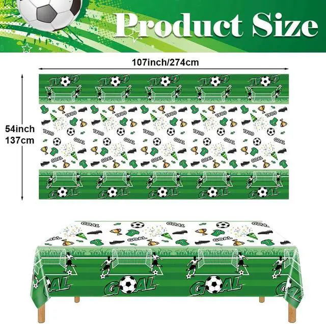 Alt view image 2 of 7 - 3 Pack Soccer Party Table Cloths, 108 x 54 Inch, Green | Soccer birthday party decorations, game day table covers, team celebration supplies, disposable plastic tablecloths
