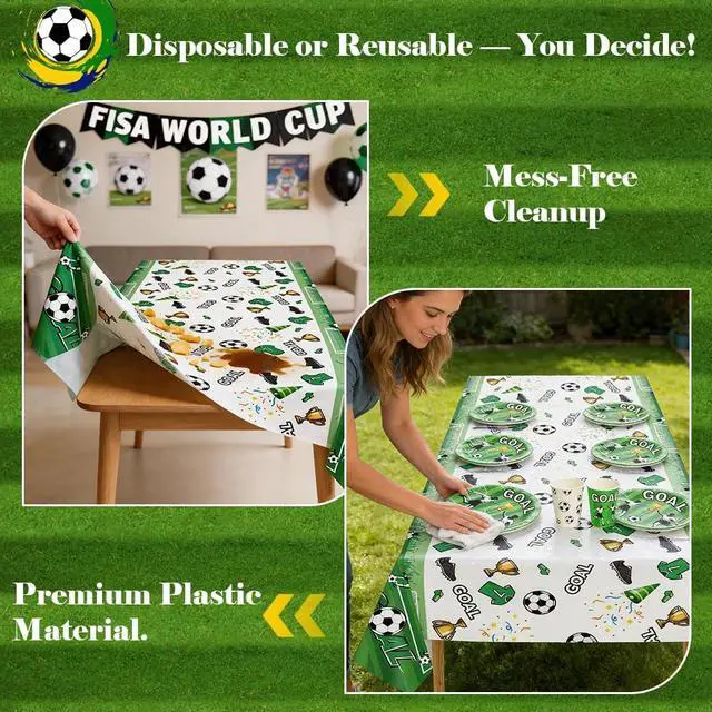 Alt view image 3 of 7 - 3 Pack Soccer Party Table Cloths, 108 x 54 Inch, Green | Soccer birthday party decorations, game day table covers, team celebration supplies, disposable plastic tablecloths