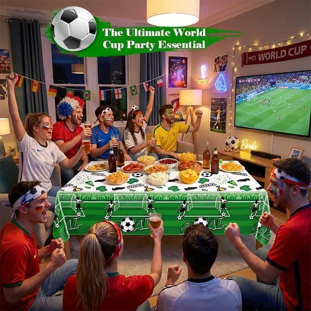 Alt view image 5 of 7 - 3 Pack Soccer Party Table Cloths, 108 x 54 Inch, Green | Soccer birthday party decorations, game day table covers, team celebration supplies, disposable plastic tablecloths