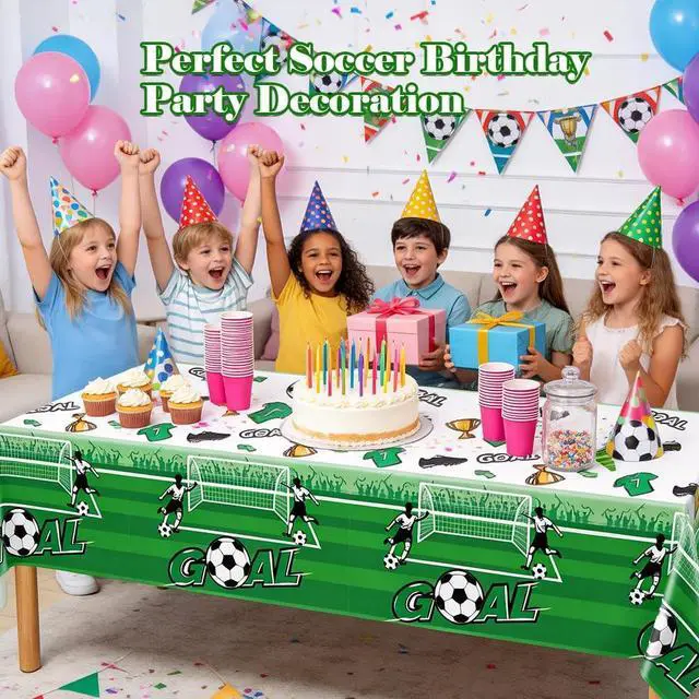 Alt view image 6 of 7 - 3 Pack Soccer Party Table Cloths, 108 x 54 Inch, Green | Soccer birthday party decorations, game day table covers, team celebration supplies, disposable plastic tablecloths