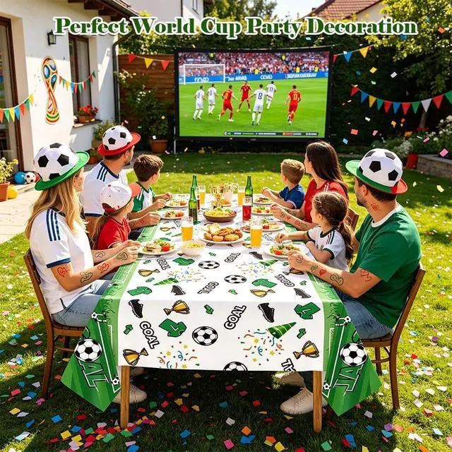 Alt view image 7 of 7 - 3 Pack Soccer Party Table Cloths, 108 x 54 Inch, Green | Soccer birthday party decorations, game day table covers, team celebration supplies, disposable plastic tablecloths