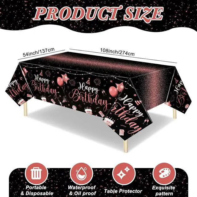 Alt view image 2 of 7 - Tudomro 3 Pcs Plastic Happy Birthday Party Tablecloths,Black Rose Gold | Rectangular Disposable Table Cloth,Waterproof, 108 x 54 Inch, for Happy Birthday Party Decor, Baby Shower Party Supplies