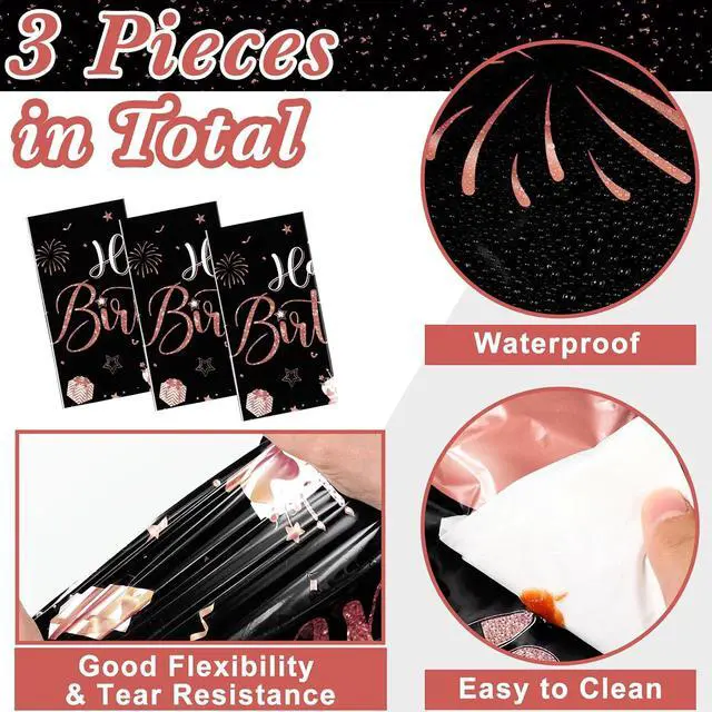 Alt view image 3 of 7 - Tudomro 3 Pcs Plastic Happy Birthday Party Tablecloths,Black Rose Gold | Rectangular Disposable Table Cloth,Waterproof, 108 x 54 Inch, for Happy Birthday Party Decor, Baby Shower Party Supplies
