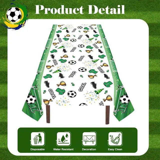 Alt view image 4 of 7 - 3 Pack Soccer Party Table Cloths, 108 x 54 Inch, Green | Soccer birthday party decorations, game day table covers, team celebration supplies, disposable plastic tablecloths