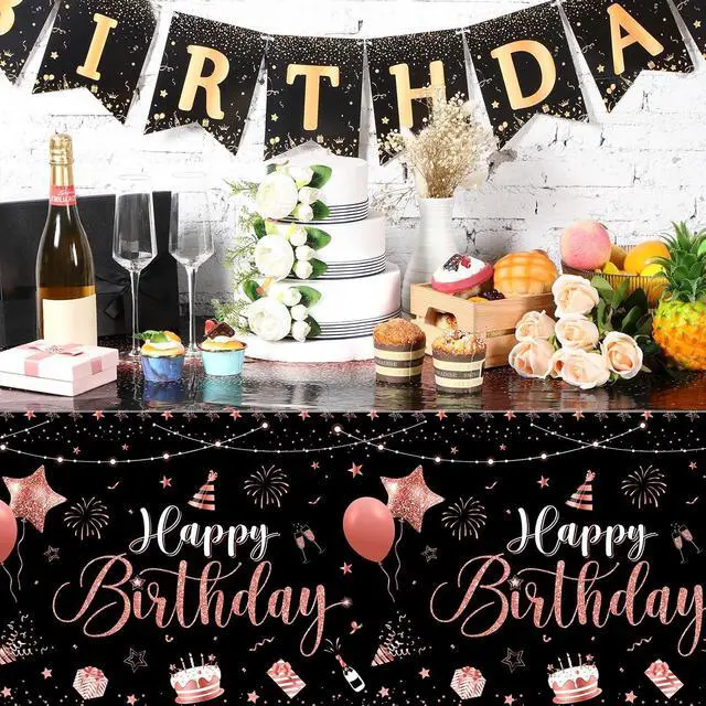 Alt view image 4 of 7 - Tudomro 3 Pcs Plastic Happy Birthday Party Tablecloths,Black Rose Gold | Rectangular Disposable Table Cloth,Waterproof, 108 x 54 Inch, for Happy Birthday Party Decor, Baby Shower Party Supplies