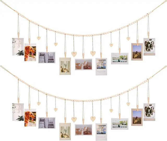 Main image of KLOGTSIND Hanging Photo Display with Clips, Wood Bead String Photo Banner | 9 Wooden Clips, Boho Picture Frames Collage Wall Decor, Photo Hanger for Bedroom, Office, Dorm Decor