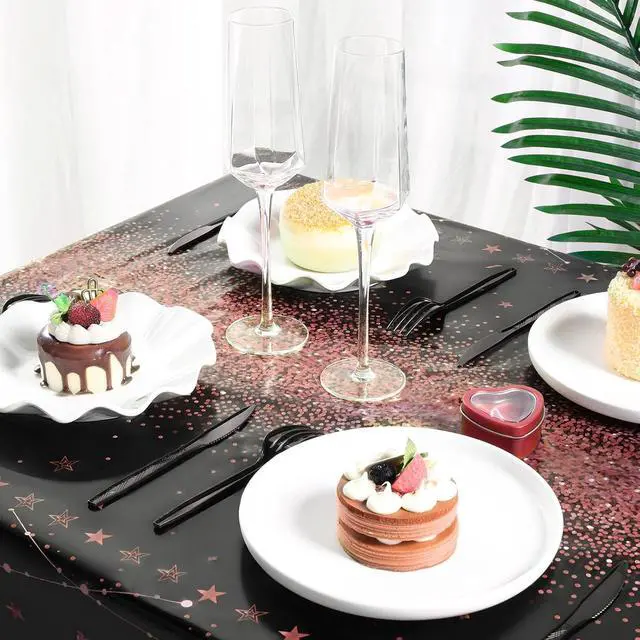 Alt view image 5 of 7 - Tudomro 3 Pcs Plastic Happy Birthday Party Tablecloths,Black Rose Gold | Rectangular Disposable Table Cloth,Waterproof, 108 x 54 Inch, for Happy Birthday Party Decor, Baby Shower Party Supplies