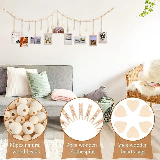 Alt view image 3 of 7 - KLOGTSIND Hanging Photo Display with Clips, Wood Bead String Photo Banner | 9 Wooden Clips, Boho Picture Frames Collage Wall Decor, Photo Hanger for Bedroom, Office, Dorm Decor