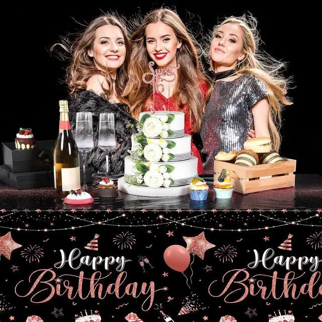 Alt view image 7 of 7 - Tudomro 3 Pcs Plastic Happy Birthday Party Tablecloths,Black Rose Gold | Rectangular Disposable Table Cloth,Waterproof, 108 x 54 Inch, for Happy Birthday Party Decor, Baby Shower Party Supplies