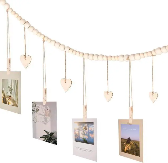 Alt view image 5 of 7 - KLOGTSIND Hanging Photo Display with Clips, Wood Bead String Photo Banner | 9 Wooden Clips, Boho Picture Frames Collage Wall Decor, Photo Hanger for Bedroom, Office, Dorm Decor