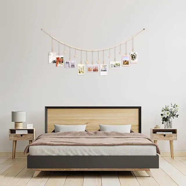 Alt view image 6 of 7 - KLOGTSIND Hanging Photo Display with Clips, Wood Bead String Photo Banner | 9 Wooden Clips, Boho Picture Frames Collage Wall Decor, Photo Hanger for Bedroom, Office, Dorm Decor