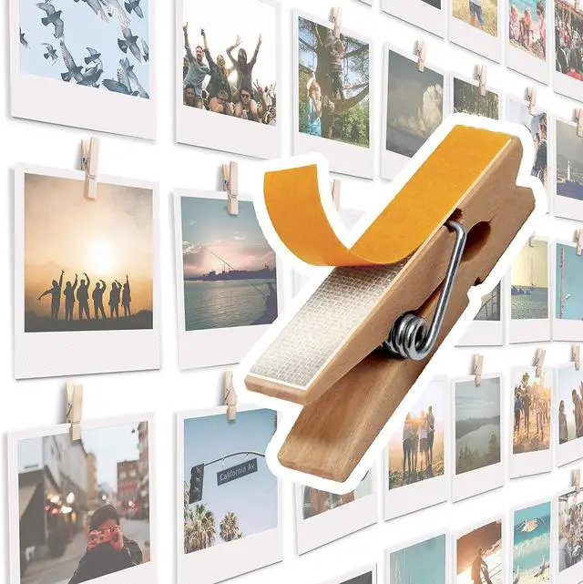 Main image of 20 Pack Mini Self Adhesive Clips for Pictures - Beige Wood Clip Photo Holders for Wall, Poster Hanger, Photo Cards Hanging Display Board & Picture Boards, Artwork Photos Holders Hangers Room Decor