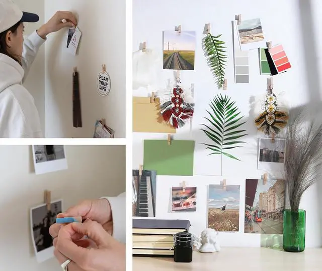 Alt view image 2 of 6 - 20 Pack Mini Self Adhesive Clips for Pictures - Beige Wood Clip Photo Holders for Wall, Poster Hanger, Photo Cards Hanging Display Board & Picture Boards, Artwork Photos Holders Hangers Room Decor