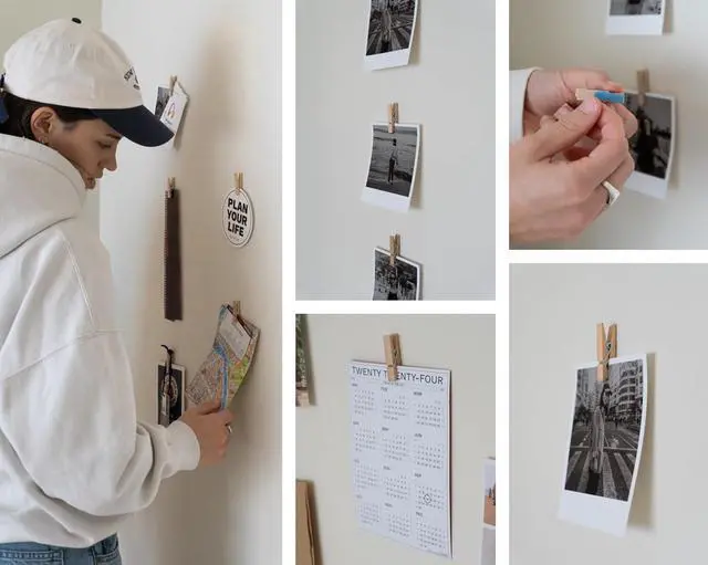 Alt view image 5 of 6 - 20 Pack Mini Self Adhesive Clips for Pictures - Beige Wood Clip Photo Holders for Wall, Poster Hanger, Photo Cards Hanging Display Board & Picture Boards, Artwork Photos Holders Hangers Room Decor