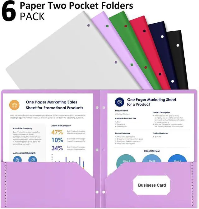 Alt view image 3 of 7 - 6 Pack Plastic Folders with Pockets 3 Hole Punched, Folders 3 Ring Binder | Heavy Duty Pocket Folders, 2 Pocket File Folder, for Letter Size Paper, 6 Assorted Color, for Documents, Office, School