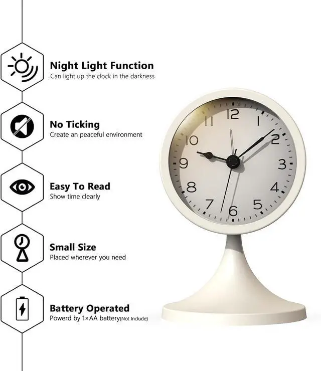 Alt view image 2 of 7 - AYRELY® 3" Analog Alarm Clock, Retro Small Clock, Desk Clock for Bathroom | Cute Battery Operated Table Clock with Silent Movement and Light for Bedroom, Bedside, Living Room Decor and Shelf (White)