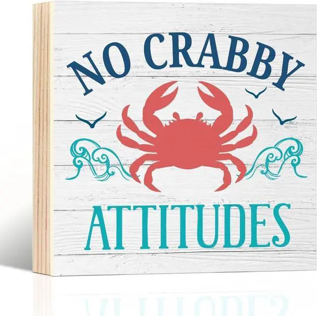 Main image of No Crabby Attitudes Wooden Box Sign, Crab Beach Decorations | Coastal Crab Beach Decor for Home Kitchen Bathroom Bar Cafe Shelf Table, Beach Theme Desk Plaque, Sea Crab Decor, 5.9x5.9 in