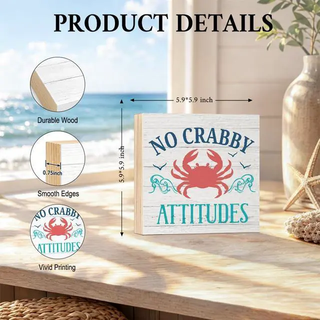 Alt view image 2 of 6 - No Crabby Attitudes Wooden Box Sign, Crab Beach Decorations | Coastal Crab Beach Decor for Home Kitchen Bathroom Bar Cafe Shelf Table, Beach Theme Desk Plaque, Sea Crab Decor, 5.9x5.9 in