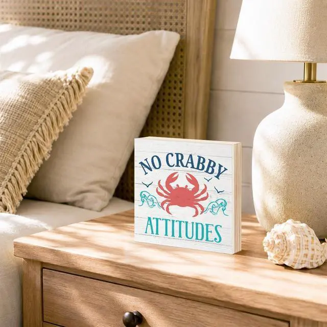 Alt view image 3 of 6 - No Crabby Attitudes Wooden Box Sign, Crab Beach Decorations | Coastal Crab Beach Decor for Home Kitchen Bathroom Bar Cafe Shelf Table, Beach Theme Desk Plaque, Sea Crab Decor, 5.9x5.9 in