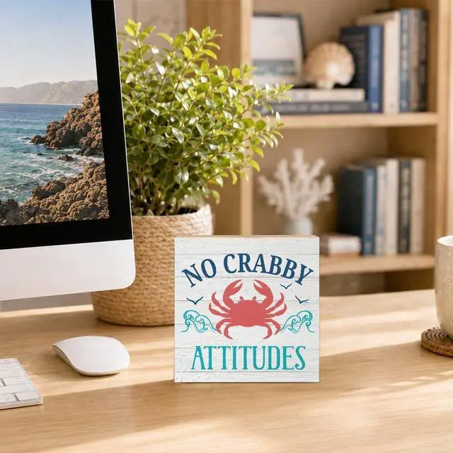 Alt view image 4 of 6 - No Crabby Attitudes Wooden Box Sign, Crab Beach Decorations | Coastal Crab Beach Decor for Home Kitchen Bathroom Bar Cafe Shelf Table, Beach Theme Desk Plaque, Sea Crab Decor, 5.9x5.9 in