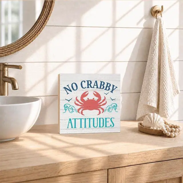 Alt view image 5 of 6 - No Crabby Attitudes Wooden Box Sign, Crab Beach Decorations | Coastal Crab Beach Decor for Home Kitchen Bathroom Bar Cafe Shelf Table, Beach Theme Desk Plaque, Sea Crab Decor, 5.9x5.9 in