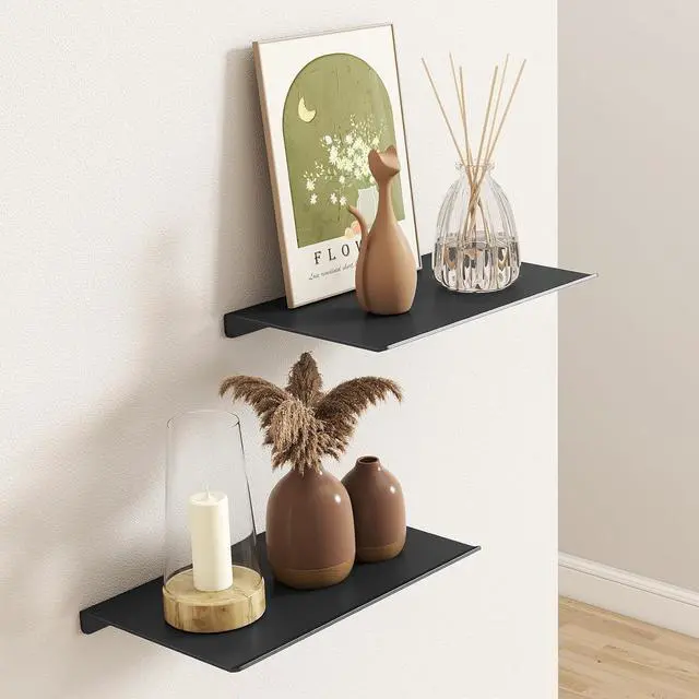 Alt view image 2 of 7 - MKO 8" Small Floating Shelves for Wall, Metal Wall Mounted Shelf for Bathroom, Bedroom, Living Room, Kitchen, Little Mini Tiny Display Hanging Shelves for Books/Storage/Room Decor 2 Packs, Black