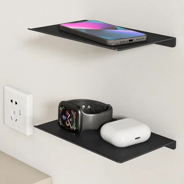 Alt view image 7 of 7 - MKO 8" Small Floating Shelves for Wall, Metal Wall Mounted Shelf for Bathroom, Bedroom, Living Room, Kitchen, Little Mini Tiny Display Hanging Shelves for Books/Storage/Room Decor 2 Packs, Black