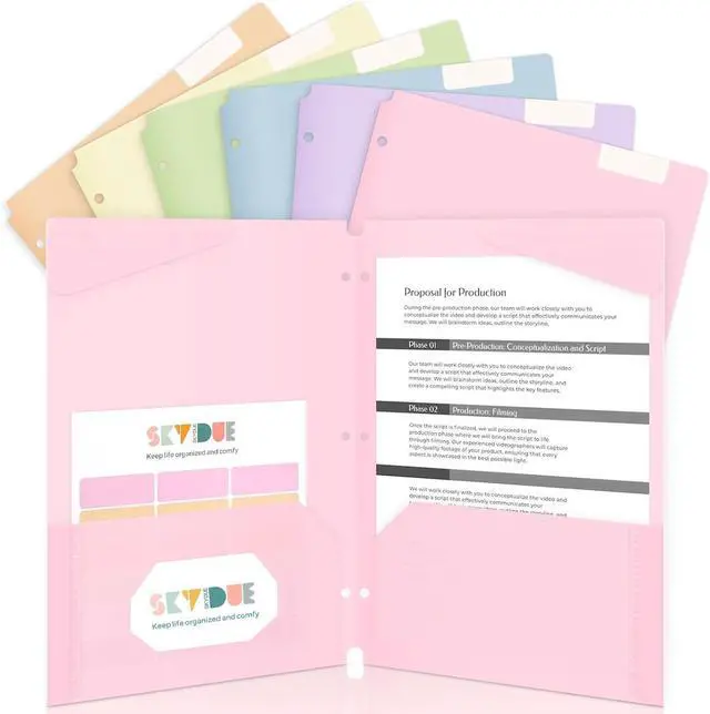 Main image of SKYDUE Plastic Folders with Pockets, 6 Pack File Folders with Tabs & Stay-Put Flaps, 3 Hole Punch 2 Pocket Folders for 3 Ring Binder, Letter Size Document Organizer for School Office, Sweet Pastels