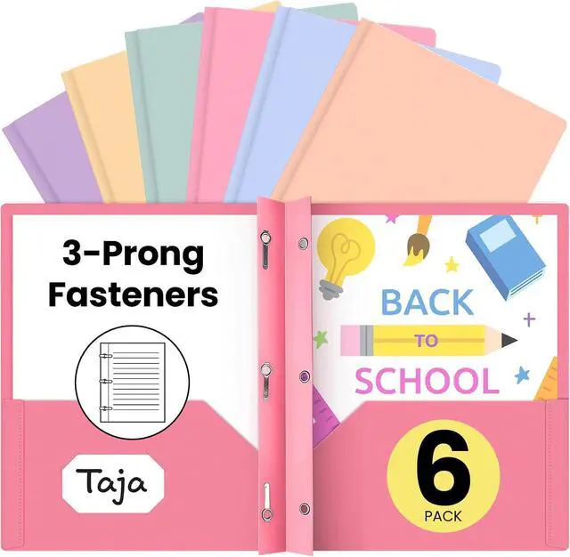 Main image of Plastic Folders with Pockets and Prongs (6 Pack, Pastel Colors), 2-Pocket Poly Folders with 3 Hole Punch and Business Card Slot, Fits Letter Size Paper, for School, Office, or Home Use