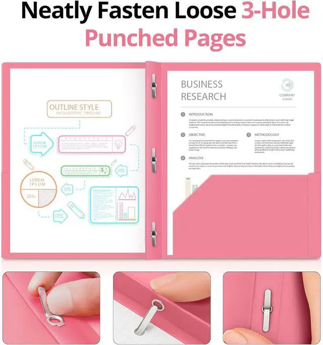 Alt view image 3 of 7 - Plastic Folders with Pockets and Prongs (6 Pack, Pastel Colors), 2-Pocket Poly Folders with 3 Hole Punch and Business Card Slot, Fits Letter Size Paper, for School, Office, or Home Use