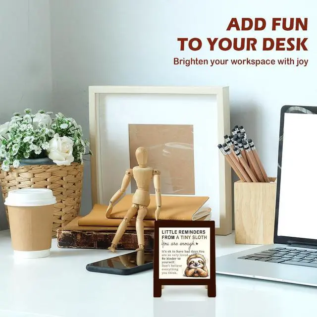 Alt view image 3 of 7 - Inspirational Desk Decor, Little Reminders Desk Sign, Sloth Gifts, Positive Affirmation Gifts, Mental Health Motivational Wooden Plaque Sign for Therapy Office Cubicle Accessories Decoration