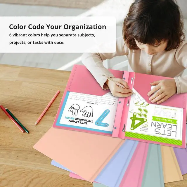 Alt view image 4 of 7 - Plastic Folders with Pockets and Prongs (6 Pack, Pastel Colors), 2-Pocket Poly Folders with 3 Hole Punch and Business Card Slot, Fits Letter Size Paper, for School, Office, or Home Use