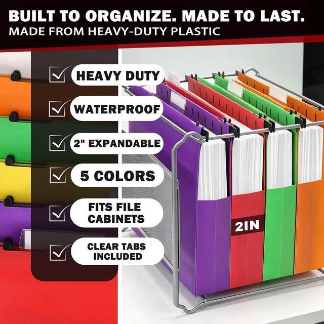 Alt view image 2 of 7 - Navona 5 Pack Heavy Duty Plastic Hanging File Folders, Letter Size | Water-Resistant & Durable, 2" Expandable Pockets, Adjustable Hanging Hooks, 5 Assorted Colors, Ideal for Home & Office