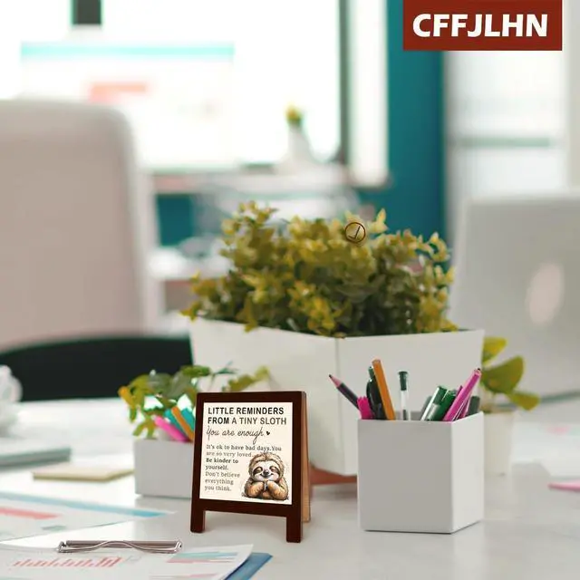 Alt view image 6 of 7 - Inspirational Desk Decor, Little Reminders Desk Sign, Sloth Gifts, Positive Affirmation Gifts, Mental Health Motivational Wooden Plaque Sign for Therapy Office Cubicle Accessories Decoration