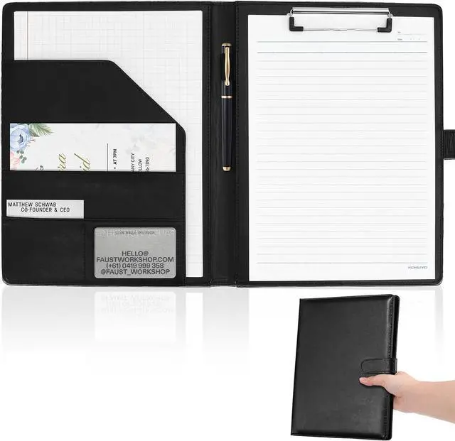 Main image of Professional Padfolio with Clipboard, Faux Leather Portfolio Folder Binder, Legal Pad Holder for A4 Letter Size Notepad, Resume, Writing Pad, Ideal Organizer for Business Office Conference, Black,