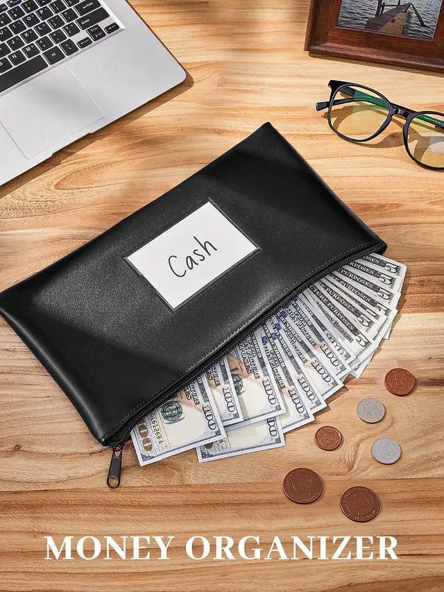 Alt view image 3 of 7 - SMARTAKE Money Bags with Zipper, DIY Labels, 11.5 x 6.2 Inches, 2-Pack | Waterproof Money Coin Pouch Purse, Soft PU Leather, for Bills Invoices Bank Deposits Receipts Storage and Organize (Black)