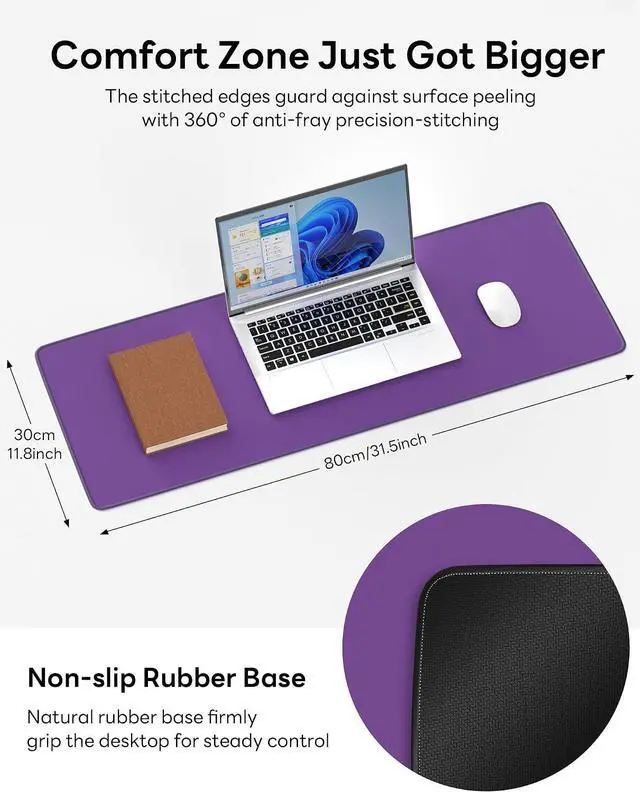 Alt view image 4 of 7 - Mouse Pad 31.5x11.8in Large Desk Mat Non-Slip for Office | Stitched edges prevent fraying, rubber non-slip base keeps pad stable, large mousepad for home, work and gaming, Purple