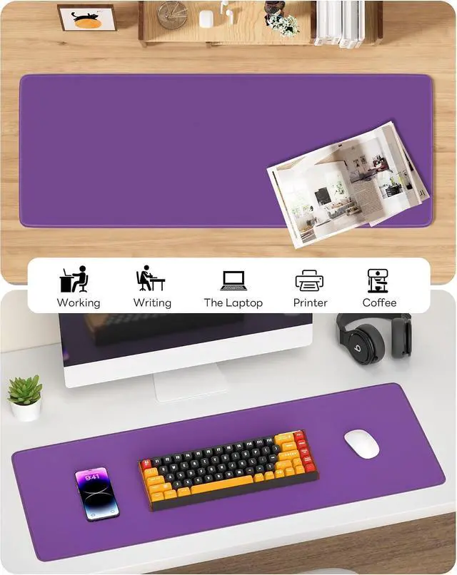 Alt view image 6 of 7 - Mouse Pad 31.5x11.8in Large Desk Mat Non-Slip for Office | Stitched edges prevent fraying, rubber non-slip base keeps pad stable, large mousepad for home, work and gaming, Purple