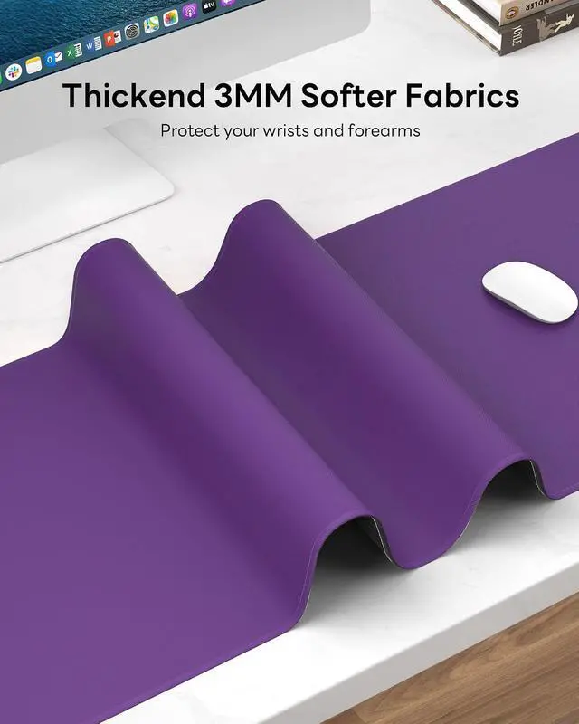 Alt view image 7 of 7 - Mouse Pad 31.5x11.8in Large Desk Mat Non-Slip for Office | Stitched edges prevent fraying, rubber non-slip base keeps pad stable, large mousepad for home, work and gaming, Purple