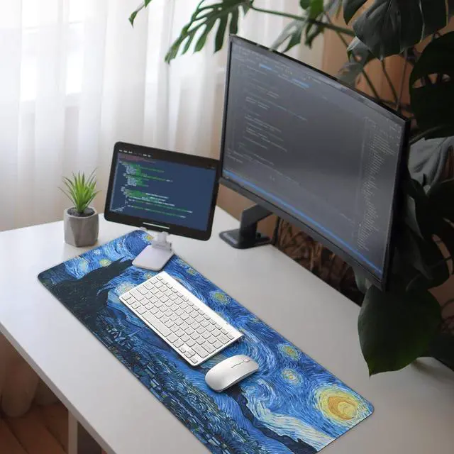 Alt view image 6 of 7 - Mouse Pad, Van Gogh Starry Night Extended Large Gaming Mouse Pad, 31.4"x11.8" Non-Slip Rubber Base XL Large Mousepad with Stitched Edges,Waterproof Keyboard Mouse Mat Desk Pad