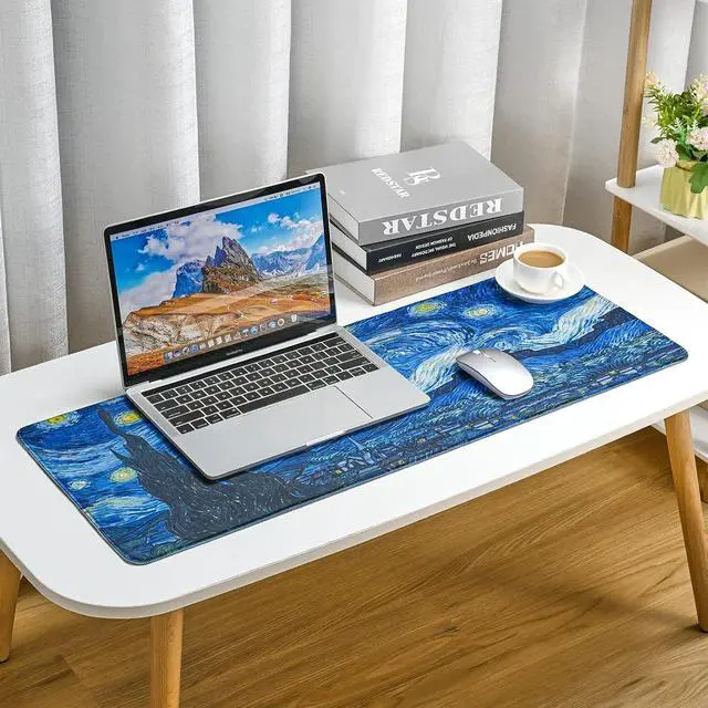 Alt view image 7 of 7 - Mouse Pad, Van Gogh Starry Night Extended Large Gaming Mouse Pad, 31.4"x11.8" Non-Slip Rubber Base XL Large Mousepad with Stitched Edges,Waterproof Keyboard Mouse Mat Desk Pad