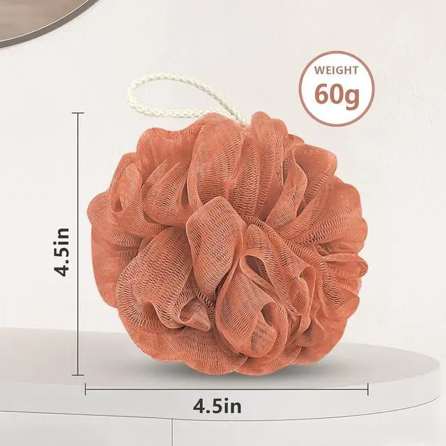 Alt view image 2 of 7 - Rnoafmu Shower Loofah Bath Sponge, 60G Loofa Exfoliating Body Scrubber | 4 Pack Mesh Shower Pouf Balls for Men and Women, Rich Lather with Body Wash, Bath Accessories (Yellow Red Green Blue)