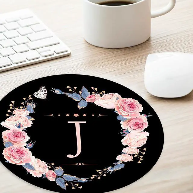 Alt view image 3 of 7 - Letter J Black and Pink Flowers Round Mouse Pad, Funny Small Mouse Mat with Non-Slip Rubber Base, Home Office Decor Desk Accessory, 8.7 inch Round