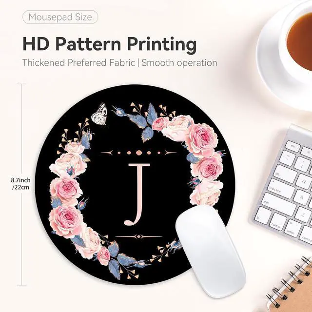 Alt view image 4 of 7 - Letter J Black and Pink Flowers Round Mouse Pad, Funny Small Mouse Mat with Non-Slip Rubber Base, Home Office Decor Desk Accessory, 8.7 inch Round