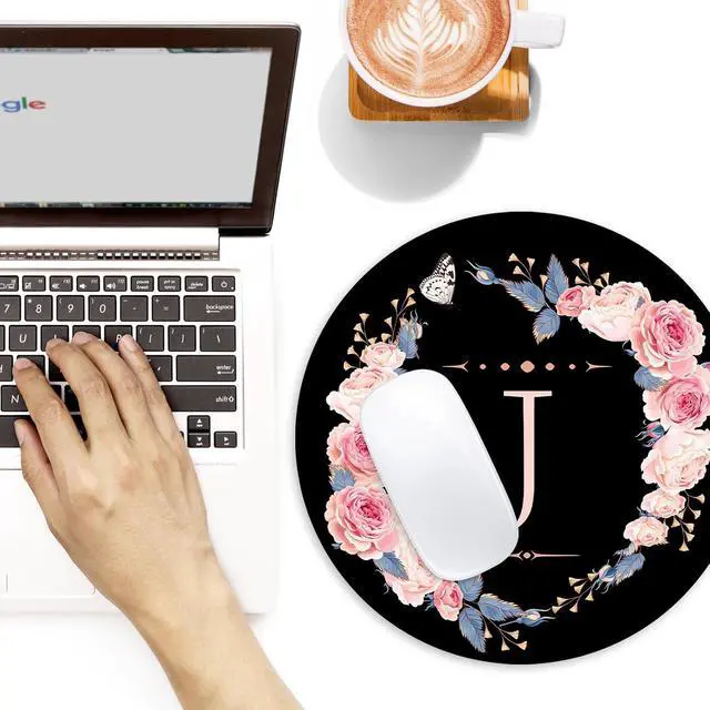 Alt view image 2 of 7 - Letter J Black and Pink Flowers Round Mouse Pad, Funny Small Mouse Mat with Non-Slip Rubber Base, Home Office Decor Desk Accessory, 8.7 inch Round