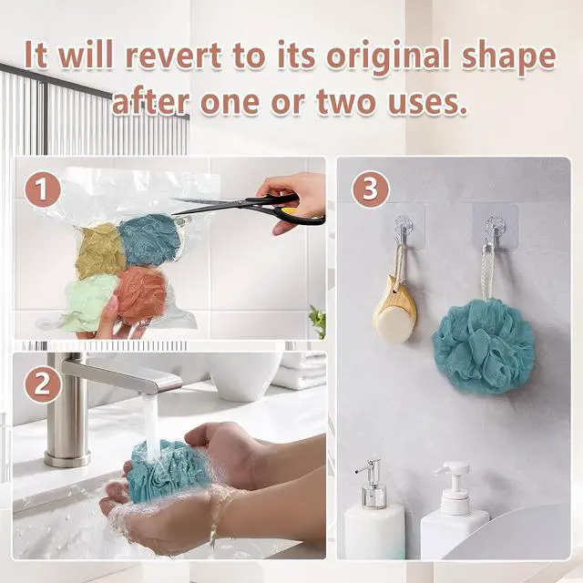 Alt view image 7 of 7 - Rnoafmu Shower Loofah Bath Sponge, 60G Loofa Exfoliating Body Scrubber | 4 Pack Mesh Shower Pouf Balls for Men and Women, Rich Lather with Body Wash, Bath Accessories (Yellow Red Green Blue)