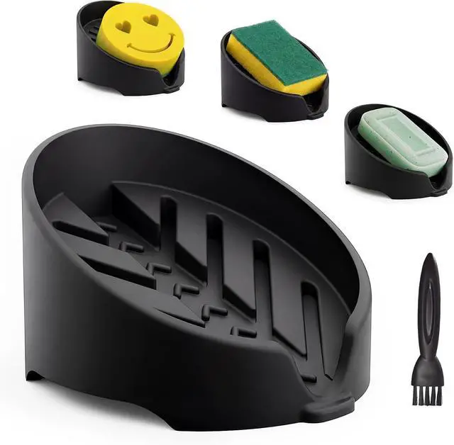 Main image of NiHome Silicone Sponge Holder for Kitchen Sink, Fits Scrub Daddy Mommy | Self-Draining Dispenser Organizer Tray, Sink Caddy Countertop Fits Soaps, Scrubber, Dishwasher Safe, Includes Brush