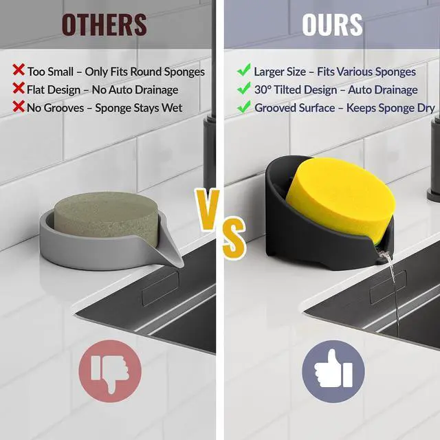 Alt view image 2 of 7 - NiHome Silicone Sponge Holder for Kitchen Sink, Fits Scrub Daddy Mommy | Self-Draining Dispenser Organizer Tray, Sink Caddy Countertop Fits Soaps, Scrubber, Dishwasher Safe, Includes Brush